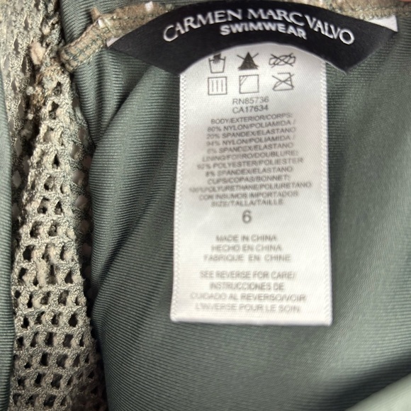 Carmen Marc Valvo One piece Olive Green Mesh Stripe panels Size 6 Summer Beach - Picture 11 of 13